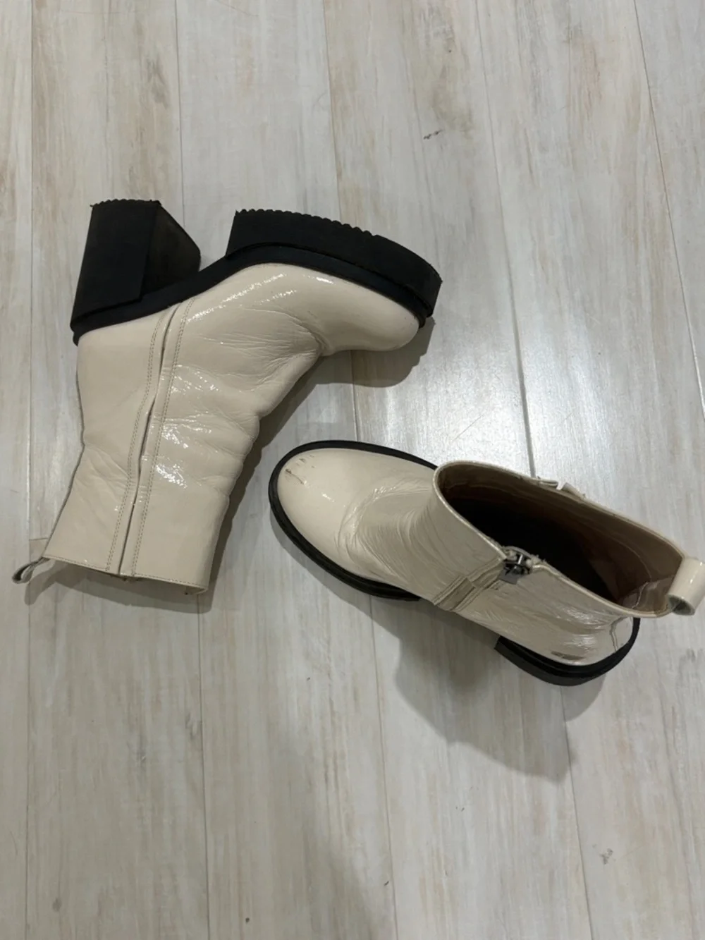 Steve Madden Cream Patent Platform Ankle Boots with Black Soles